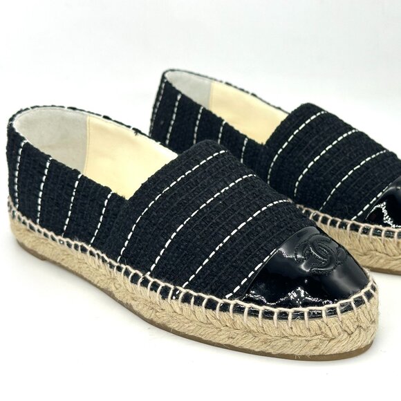 CHANEL 15S 2015 Classic Tweed Patent Cap Toe CC Logo Espadrilles Flats Shoes - Picture 8 of 16